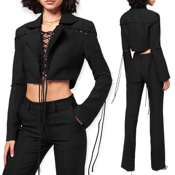 Aya Muse Sycamore Lattice Lace Up Crop Jacket Black Size M - Picture 1 of 10